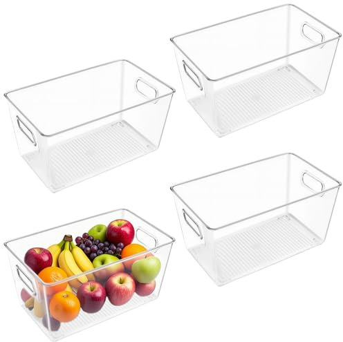 MAHIONG Set of 4 Fridge Storage Organisers, Clear Plastic Storage Bins with Handle Transparent Pantry Organizer Bins for Kitchen, Fridge, Cupboard, Snacks, Tins, 25.5 x 15 x 13 cm