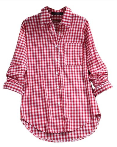 Chemise à carreaux rouge : chemises à carreaux pour femme à col rabattu long avec poches, chemisier élégant et décontracté, chemisier ample, chemisier basique à col, chemisier pour femme, chemise