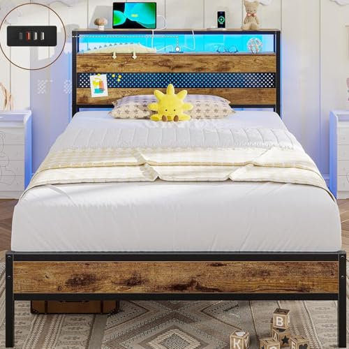 AOGLLATI Lit 90x190 en Métal avec LED et Multiprise (3 Ports USB et 1 Type-C),Cadre de lit 90x190 avec Sommier, 30cm Espace de Rangement,Lit Une Place,Marron Vintage/Noir