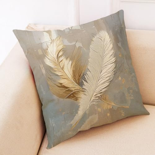 Kissenbezug 40X40 Goldene Feder Dekokissen Sofakissen Leinen Kissenbezüge Mit Unsichtbarer Reißverschluss,Waschbare Langlebig Outdoor Kissen,Deko Kissenhüllen Wohnzimmer