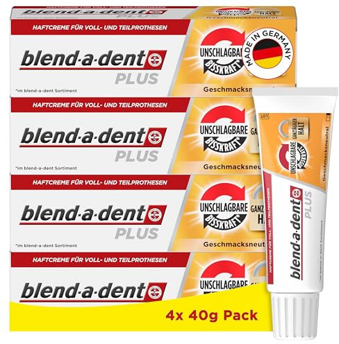 Blend-a-dent Plus Unschlagbare Bisskraft Haftcreme für Voll- und Teilprothesen, Made in Germany, Geschmacksneutral, 4x40g,Weiss