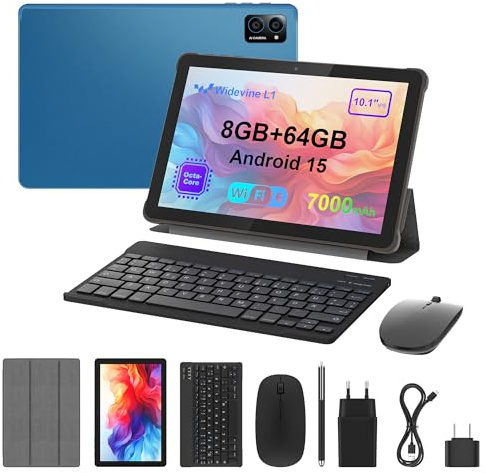 10 Zoll Android 14 Tablet mit Tastatur, Maus & Stylus - 8 GB RAM 64 GB (1 TB erweiterbar), Octa-Core, 7000 mAh, 10,1 Zoll IPS HD, Wi-Fi 6, Bluetooth 5.0, Type-C, OTG-Adapter, Standhülle - Arbeit