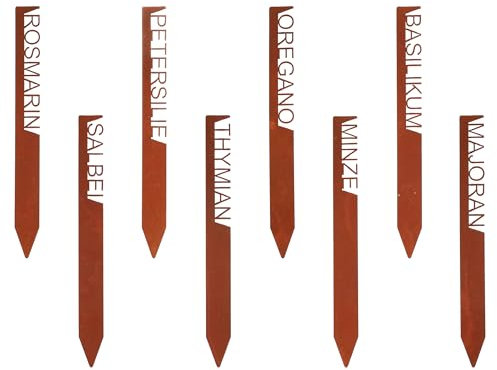Eisen Kräuterstecker 25 cm Rost Design - 8er Set - Garten Deko Kräuterschild Edelrost Optik -Gartenschild Pflanzenstecker Rostschild Kräutergarten Beet Beschriftung Italienische Kräuter Mix