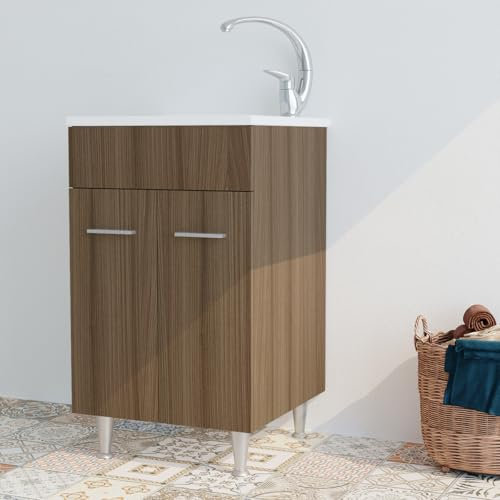 Mobile lavatoio in legno 60x50 50x50 45x50 cm asse lavapanni pilozza vasca in resina lavanderia (60x50 cm, Rovere Medio)