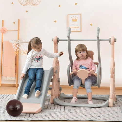 DADEA Tobogán infantil 4 en 1 con cesta, tobogán y columpio para niños al aire libre, color rosa, columpio y tobogán para niños en casa, 140 × 118 × 82 cm, adecuado para uso en interiores y exteriores