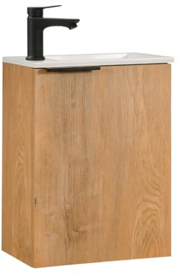 Kometmöbel Gäste-WC Waschtisch Set 40 cm Vormontiert Klein Waschbecken mit Unterschrank (Eiche mit Griff 40cm, Ohne Wasserhahn)