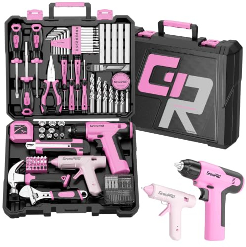 GRENPRO Tool Set Drill Set, Tool Kit For Home House Car Men Womens, Portable Plastic Tool Box, Organizers And Storage, 188PCS Basic Pink Mechanics Tools Set Kits With Small Power/Hand Cordless Drills