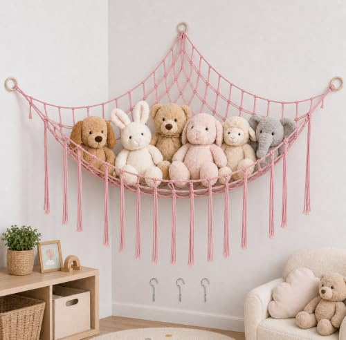 YESHLiky Pink Toy Hammock for Stuffed Animals, Macrame Hanging Teddy Bear Storage Net, Space Saving Wall Corner Organizer, Soft Cuddly Toy Storage, Girls Bedroom & Nursery Decor