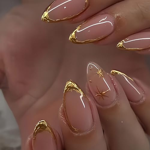 24PCS Medium Almond French Press On Nails – Gold French Line with Star Decoration, Glossy Elegant Fake Nails, ABS Material with Jelly Adhesive Tabs for Women Wedding Party Daily Manicure