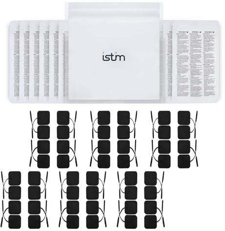 iStim 48 Elettrodi TENS autoadesivi 5x5 cm, Neri – Super Morbidi e Riutilizzabili, Compatibili con Dispositivi TENS/EMS, Connettore da 2 mm – Ideali per Terapia del Dolore e Stimolazione Muscolare