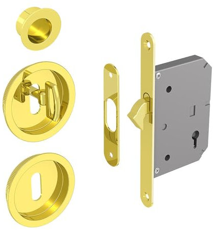 Hakenschloss Set für Schiebetüren, mit Schlüssel, runde Türrosette mit Griffmulde, gold