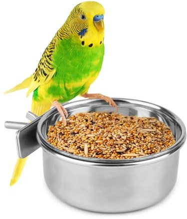 Pet Bird Food Feeding and Drinking Hanging Cup Clamp Holder Stainless Steel Hanging Bowl for Parrot Macaw African Greys Budgies Parakeet Cockatiels Conure Lovebirds Finch Pigeon Cage