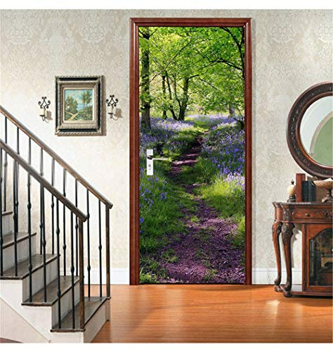 HSKABA Sticker Porte Affiche Autocollante Effet 3D,Poster Trompe l'œil pour Porte,Chemin de Lavande en Forêt,Déco Murale Qualité HD (77x200cm)