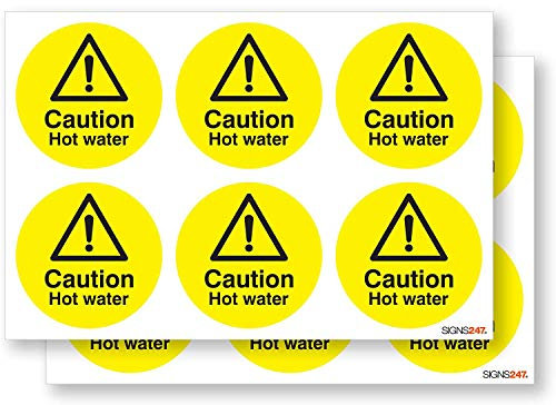 Caution Hot Water Safety Stickers Sign - 12 Pack Self Adhesive 65mm Diameter Vinyl Signs