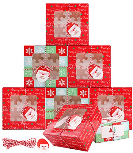 10 Pcs Christmas Cake Boxes with Window 4 Hole Christmas Cookie Boxes Christmas Cupcake Boxes Christmas Bakery Box with Packaging String and Tags Doughnut Gift Boxes for Xmas Birthday Party 16x16x8cm