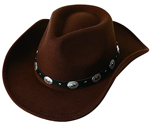Lanzom Damen Herren Filz breite Krempe Western Cowboy Hüte Gürtelschnalle Panama Hut, Kaffee, Medium
