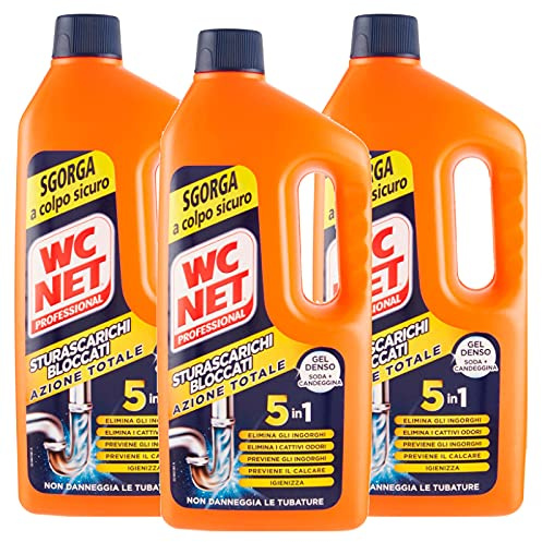 Wc Net Professional - Sturascarichi 5 Azioni in 1, Disgorgante Gel per Scarichi Professionale, con Agenti Salvatubi e Anticalcare, 1000 ml x 3 Confezioni