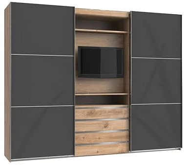 Froschkönig24 magicGlas Schwebetürenschrank Schiebetürenschrank mit TV-Element Plankeneiche/Grau, Höhe in cm:236 cm, Schließdämpfung:mit Schließdämpfung