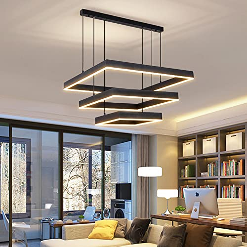 Modern LED Pendelleuchte Wohnzimmer Büro Schwarz Quadrat Hängelampe Acryl Höhenverstellbar Hängeleuchte Dimmbar Mit Fernbedienung Innenbeleuchtung Pendellampe Schlafzimmer Büro Kronleuchter,3 rings