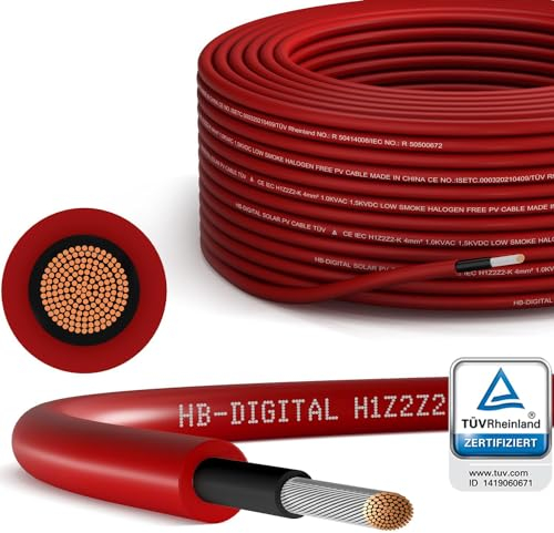 HB-DIGITAL 30m Solarkabel H1Z2Z2-K - TÜV Rheinland zertifiziertes - 4mm² flexibel UV witterungsbeständig PV Kabel reines Kupfer 1500V DC für Solarpanel Wechselrichter Photovoltaik - Rot