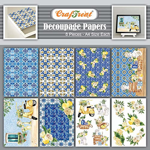 CrafTreat Mediterranes Decoupage Papier zum Basteln, A4-Format (21,6 x 29,2 cm), 8 Stück, Decoupage Papier und Bastelpapier, Muster-Set, Motivkarton, Musterpapier, Bastelpapier Vintage, Motivkarton