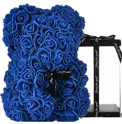OISE ART STORE Trade Shop - Orsacchiotto Orsetto Orso di Rose con Fiori Artificiali da 25cm San Valentino Blu