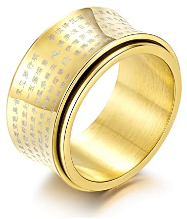 Stfery Gold Ring 60, Vollfinger Ring Rotation des Buddhistischen Herz-Sutra Modeschmuck Jahrestagsgeschenk für Ihn