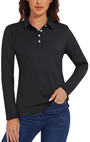 TACVASEN Golf Poloshirt Damen Sport Langarm UPF 50+ Atmungsaktiv Funktionsshirt Athletic Polo Langer Ärmel Laufshirt (L, Schwarz)