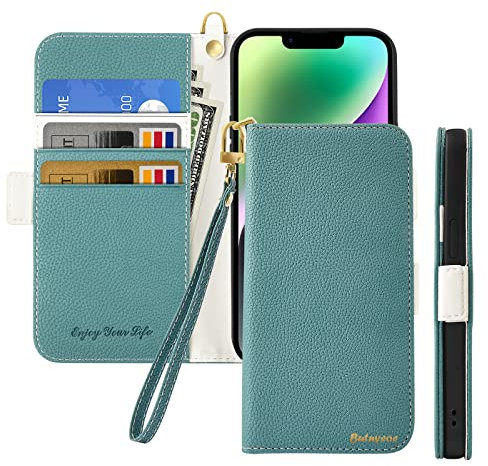 Butnyeoe Cover per iPhone 14 Case,Custodia iPhone 14 Libro,Trama Litchi PU Pelle Protettiva Portafoglio Flip/Folio Wallet Case Con Slot per Schede e Magnetica Supporto,Verde/Lago Blu