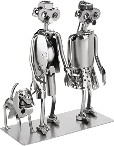 BRUBAKER Schraubenmännchen Liebespaar - Paar mit Hund - Eisenfigur Metallmännchen - Handarbeit Metallfigur Liebe - Silber Paar Geschenk für Hundebesitzer