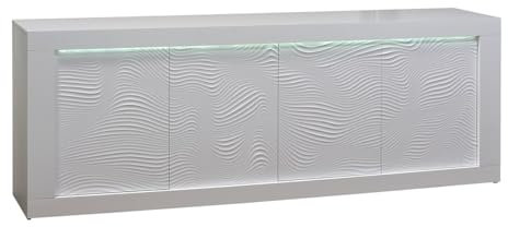 AltoBuy Dayton White - Buffet 4 Portes Laqué Blanc à Relief et LEDs