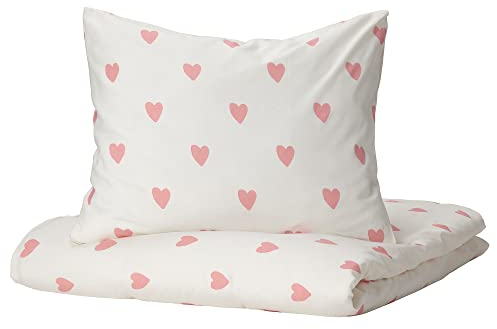 IKEA BARNDRÖM Bettbezug und Kissenbezug, 140x200 / 80x80 cm, Herzmuster weiß/rosa