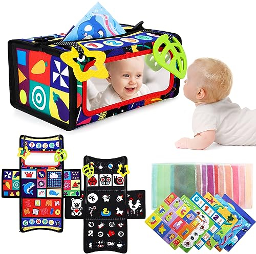 URMYWO Tissue Box Sensorik Montessori Spielzeug Mit Spiegel,6 in 1 Baby Spielzeug 0-6-12 Monate Neugeborene Kleinkind Mit bunten Seidentüchern & Beißring Baby Schwarz Weiß Hohem Kontrast