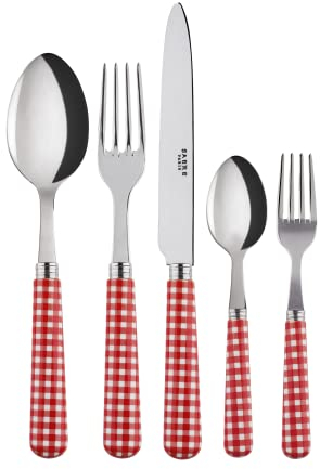 SABRE PARIS - Tafelbesteck, 5-teilig - Vichy - Messer, Gabel, Esslöffel, Teelöffel & kleine Gabel - Edelstahl & Nylon - Spülmaschinenfest - Rot