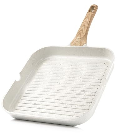 SENSARTE Nonstick Ceramic Grill Pan for Stove Tops, Versatile Square Grilling Pan with Pour Spouts, Durable Grill Skillet for All Stoves(Gas,Electric,Induction) Non Toxic-PTFE,PFAS,PFOA Free, 9.5Inch