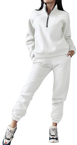 KBOPLEMQ Tuta da Donna in Pile, 2 Pezzi, per Il Jogging, con Mezza Cerniera, Felpa + Pantaloni, Autunno a Maniche Lunghe, O Bianco, L