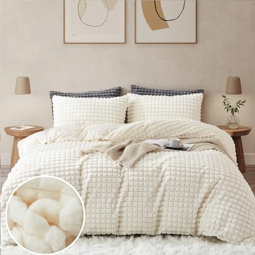 Tospass Plüsch Bettwäsche 155x220 cm Winter Kaninchenfell Samt Bettwäsche Fleece Biber Beige Flauschig Warme Winterbettwäsche Cashmere Touch Wende Bettbezug mit Reißverschluss 1 Kissenbezug 80x80cm