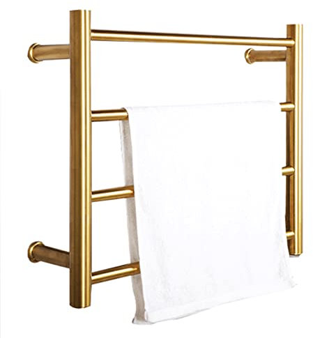 Heated Towel Rack Radiator Brushed Gold Stainless Steel Electric Towel Warmer with 4 Heated Round Bars, Wall-Mounted Heated Towel Rail for Bathroom, Safe And Anti-Scalding,Hardwired