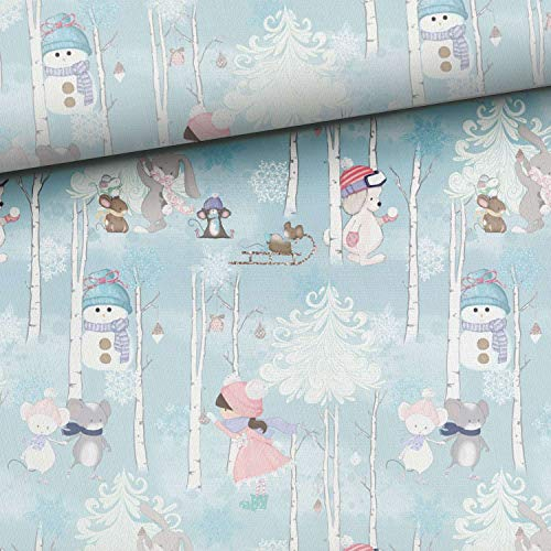 Keine Meterware, Stoffe zum Nähen, Stoff für Kinder, 95% Baumwolle: 0,5m French Terry Sweat Stoff mit Mädchen und Tiere im Winter auf pastell blau - Maus Schneemann - Sommersweat Winterliebe