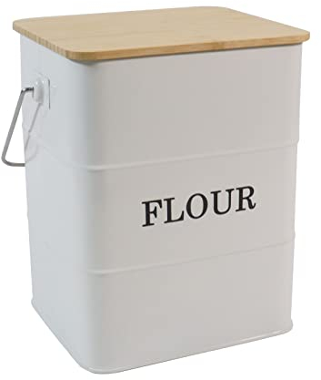 Xbopetda Flour Storage Container, Metal Flour Tin Jar, Flour Storage Canister with Sealed Lid & Scoop, Vintage Style Kitchen and Pantry Organizer Box for Rice Flour Grain (Cream White)