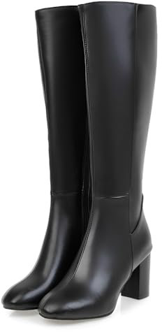 ticticlily Damen Hohe Stiefel Winter Schuhe Warme PU Lederstiefel Stiefel Schuhe mit Absatz Komfort Beiläufige Langschaft Kniehohe Stiefel A Schwarz 43 EU