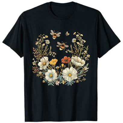 We Love Bees - Beekeeper Co. Damen Bienen Blumen Cottagecore Floral Botanical Imker T-Shirt, Schwarz, S