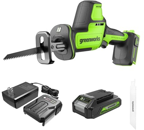 Greenworks Scie sauteuse compacte à une main 24 V sans balais 1 (3000 SPM), scie sauteuse sans fil à vitesse variable, batterie 2,0 Ah et chargeur compact inclus, RSG404