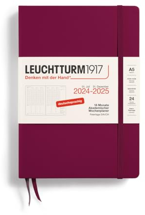 LEUCHTTURM1917 370634 Akademischer Wochenplaner Medium (A5) 2025, 18 Monate, Port Red, Deutsch