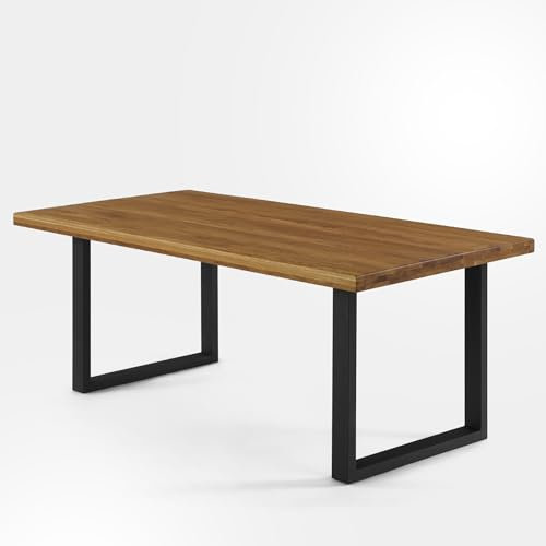 IKULLS - Mesa Comedor Madera Roble Macizo | 200x100 cm | Mesa Oficina y Mesa Despacho | Mesa Cocina Industrial | Rectangular, Color Ambar, Patas Acero Forma de U Negro Mate, Canto Recto