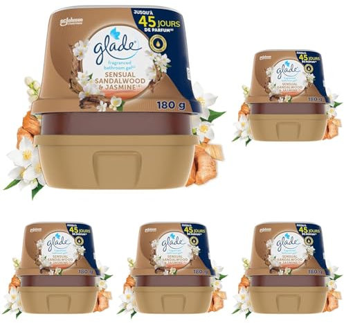 Glade Gel Premium - Désodorisant infusé aux Huiles Essentielles pour Toilette Et Salle de Bain - Sensual Sandalwood et Jasmine - 45 Jours de Parfum - 180 g (Lot de 5)