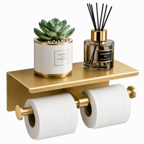 Double Toilet Paper Holder with Shelf Stainless Steel Wall Mount Rustproof | SUS304 stainless steel rustproof double roll holder with top shelf holds phone and glasses, secure wall mount for bathroom