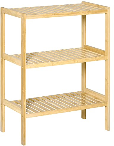 HOMCOM Badregal Standregal mit 3 Ebenen, Bambusregal, Küchenregal, für Bad, Küche, Wohnzimmer, Flur, Natur, 62 x 33 x 80 cm