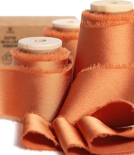 Vitalizart Silky Satin Ribbon, 1.5'' x 15 Yard with Wooden Spool, Terracotta Burnt Orange Handmade Fringe Chiffon Ribbons for Gift Wrapping, Festive Decoration, DIY Craft, Wedding Bridal Bouquet