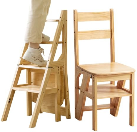 Sedia A Scaletta Pieghevole 3 in 1 Per Biblioteca,Scaletta in Legno Addensato Convertibile/sedia per Biblioteca,Casa,Cucina,Caffè,Scala Portatile Sgabello Scaffale/supporto (Size:35''H,Color:primario)